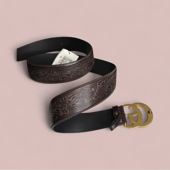 NEW GUCCI Belt - Embossed Brown Leather - Picture 3 of 6